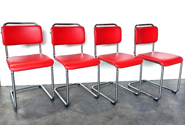 4x Gispen 101 | rood leer | glans chroom | zgan, Huis en Inrichting, Stoelen, Zo goed als nieuw, Vier, Leer, Metaal, Rood, Ophalen of Verzenden