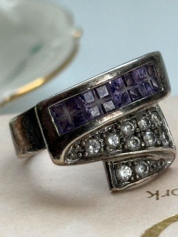 Bague ancienne en argent massif 925 améthyste et zircons, Envoi, Argent, Bague