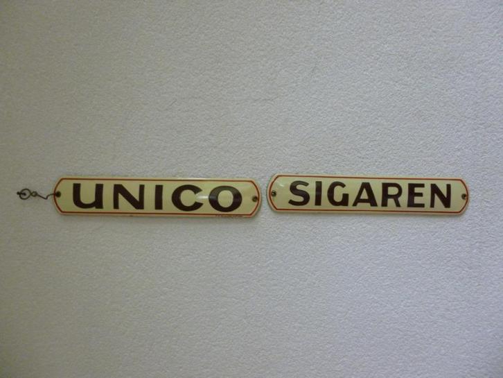 SETJE EMAILLE RECLAME DEURPOSTJES"UNICO SIGAREN"UIT 1935, Verzamelen, Merken en Reclamevoorwerpen, Gebruikt, Reclamebord, Ophalen of Verzenden