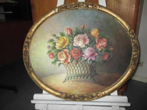 Ovalen schilderij van vaas met bloemen, Antiek en Kunst, Kunst | Schilderijen | Klassiek, Ophalen of Verzenden