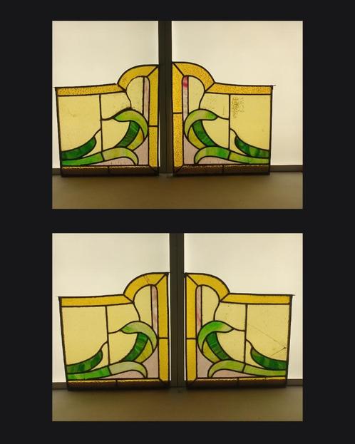 4 glas in lood ramen art nouveau, Antiek en Kunst, Antiek | Glaswerk en Kristal, Ophalen of Verzenden