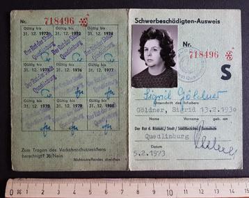 Ausweis Schwerbeschädigten 1973 Sigrid Göldner Quedlinburg