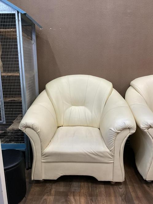 Set van 3 witte leren fauteuils, Huis en Inrichting, Fauteuils, Gebruikt, Leer, Ophalen