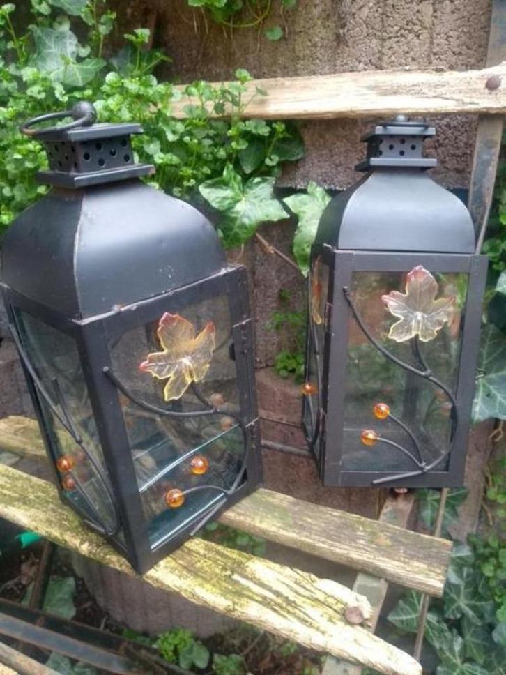 lantaarn -metaal(+blauw glas)+koperen windlicht, Antiek en Kunst, Antiek | Verlichting, Ophalen of Verzenden