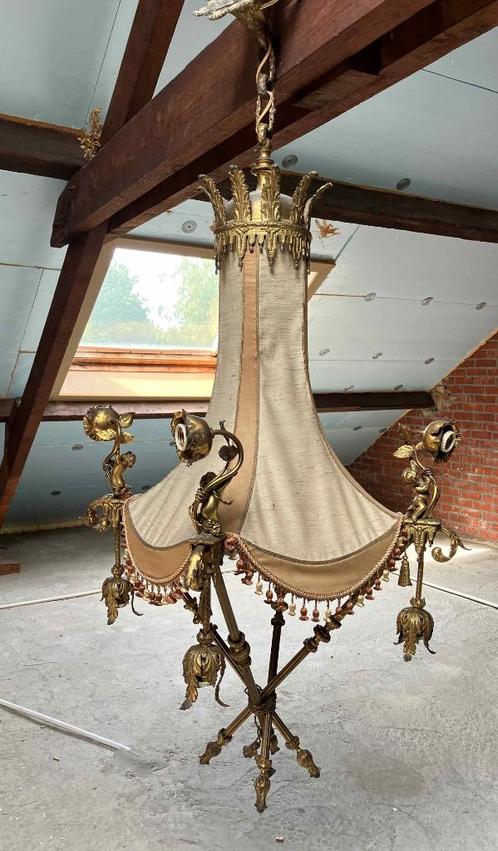 Antieke vergulde luchter met stoffen baldakijn, Antiek en Kunst, Antiek | Verlichting, Ophalen