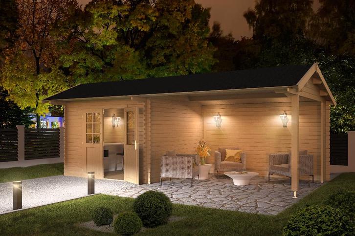 Blokhut met overkapping Maribel 680x300 onbehandeld Vuren, Hobby en Vrije tijd, Overige Hobby en Vrije tijd, Nieuw, Verzenden