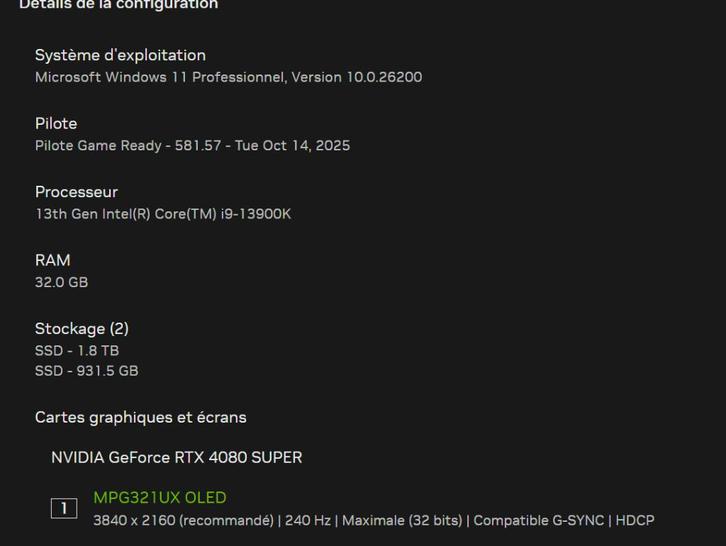 Pc Gamer + écran Msi Oled 4k 0.3ms 240hz, Computers en Software, Desktop Pc's, Gebruikt, 4 Ghz of meer, SSD, 32 GB, Met videokaart