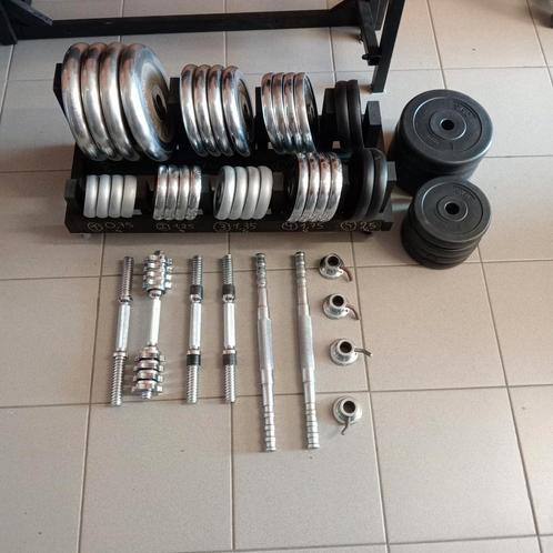 Halters+gewichtschijven, verstelbare bench+barbell, machine, Sport en Fitness, Fitnessmaterialen, Gebruikt, Halterstangen, Ophalen