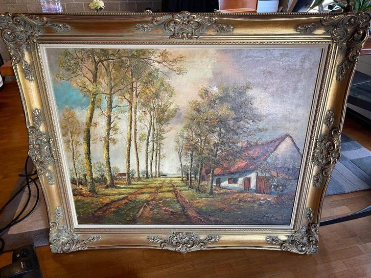 Groot landschap met hoeve in goudkleurige lijst 70110, Antiek en Kunst, Kunst | Schilderijen | Klassiek, Ophalen of Verzenden