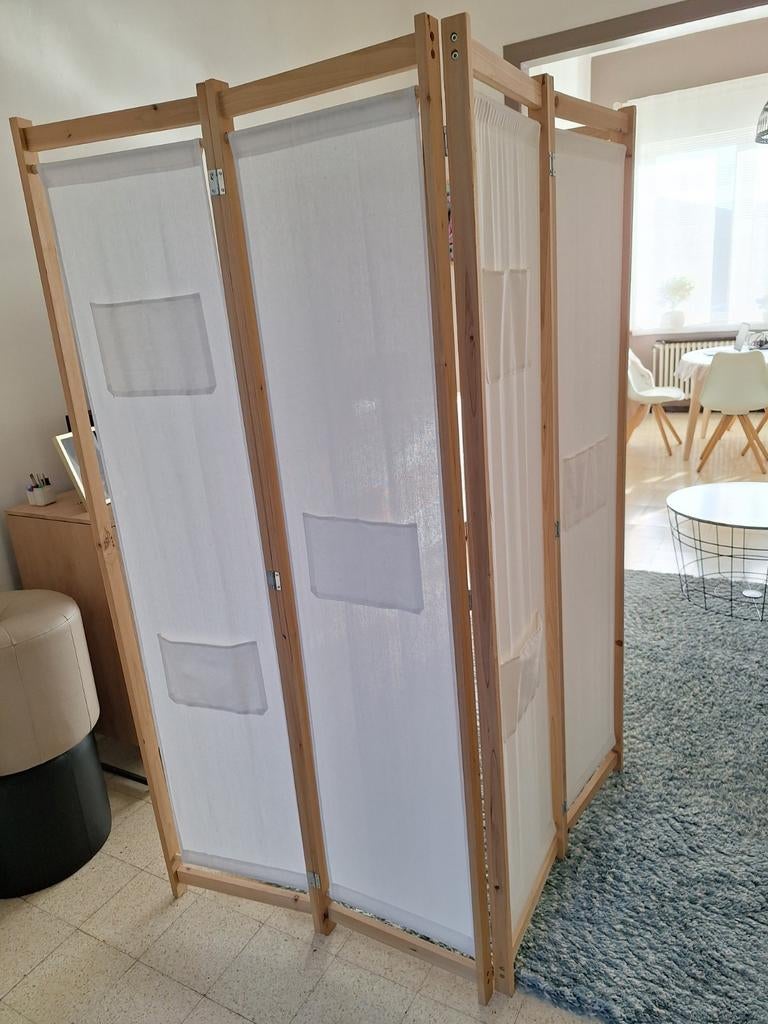 Paravent blanc en lin et bois naturel, Maison & Meubles, Accessoires pour la Maison | Paravents d'intérieur