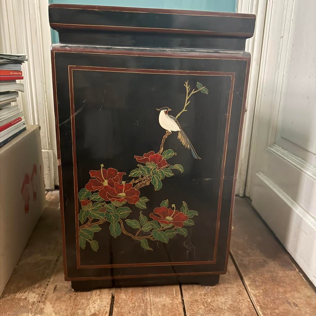 Meuble chinois laqué noir – décor fleurs & oiseaux, Maison & Meubles, Enlèvement, Utilisé