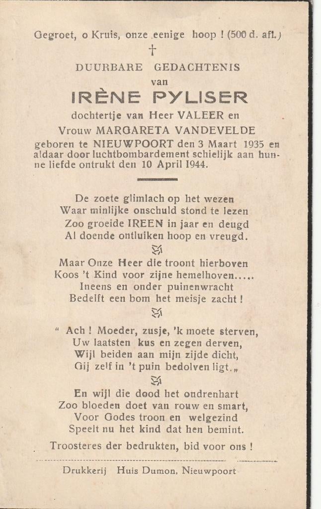 Luchtbombardement  Nieuwpoort 1944 Irène Pyliser, Verzamelen, Bidprentjes en Rouwkaarten, Ophalen