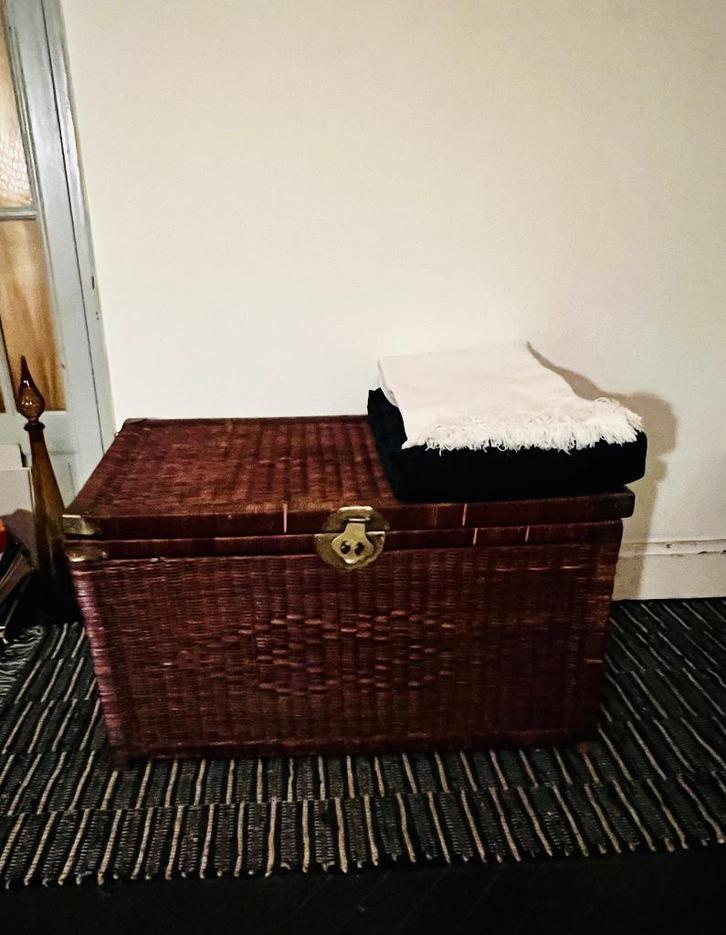 Vintage rotan dekenkist / opbergkist – wicker trunk – 90 cm, Huis en Inrichting, Overige Huis en Inrichting, Gebruikt, Ophalen