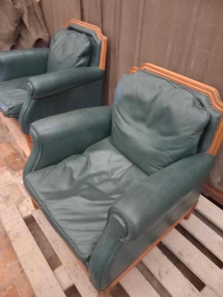 groene lederen zetels - 2  keer eenzit, LOUIS XVI stijl, Antiek en Kunst, Antiek | Meubels | Stoelen en Sofa's, Ophalen