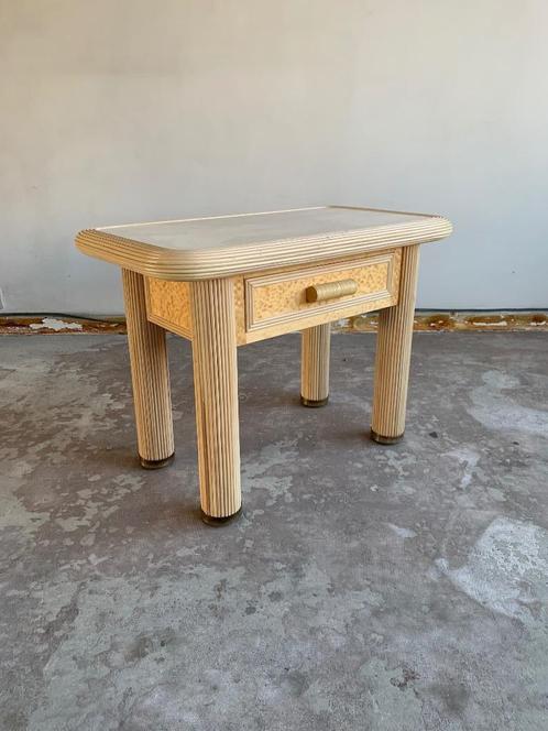 TRAVERTIJN & ROTAN TAFEL circa 1970, Huis en Inrichting, Tafels | Sidetables, Zo goed als nieuw, 25 tot 50 cm, 50 tot 100 cm, Rechthoekig