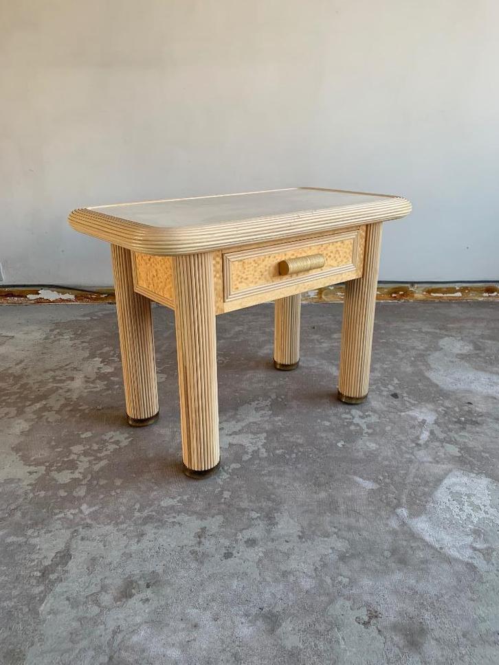 TRAVERTIJN & ROTAN TAFEL circa 1970, Huis en Inrichting, Tafels | Sidetables, Zo goed als nieuw, 25 tot 50 cm, 50 tot 100 cm, Rechthoekig