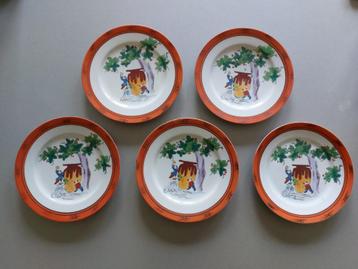 5 assiettes japonaises anciennes en porcelaine « Hob-in-the-