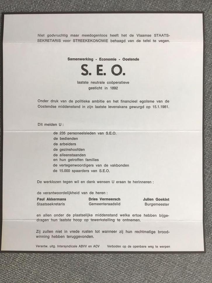 S.E.O Oostende, Verzamelen, Bidprentjes en Rouwkaarten, Rouwkaart, Ophalen of Verzenden