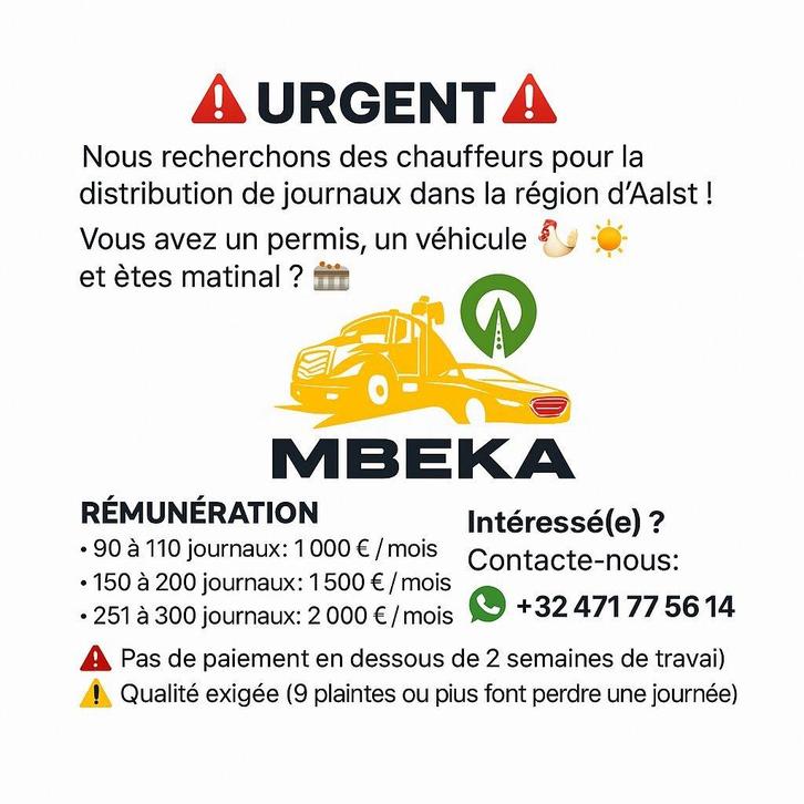 RECHERCHE CHAUFFEURS AALST, Offres d'emploi, Emplois | Services aux entreprises, Premier Emploi, Autres formes, Convient comme travail d'appoint