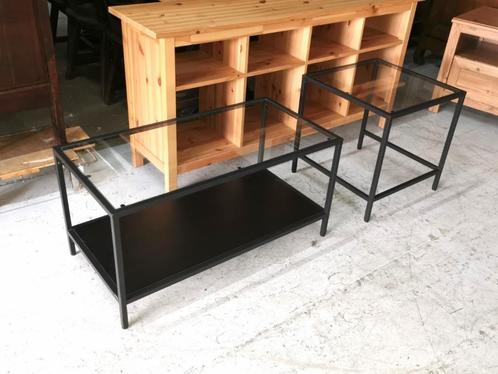 set van 2 zwarte metalen salontafel en bijzettafel met glas, Huis en Inrichting, Woonaccessoires | Overige, Zo goed als nieuw