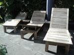 3 PERFECTE TEAK HOUTEN ligbedden met 2 tafeltjes, Enlèvement, Comme neuf, Bois de teck, Ajustable