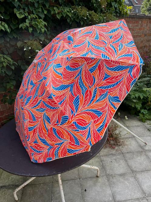 Parasol vintage - stof avec un motif de feuille - extensible, Jardin & Terrasse, Parasols, Utilisé, Parasol de plage, 1 à 2 mètres