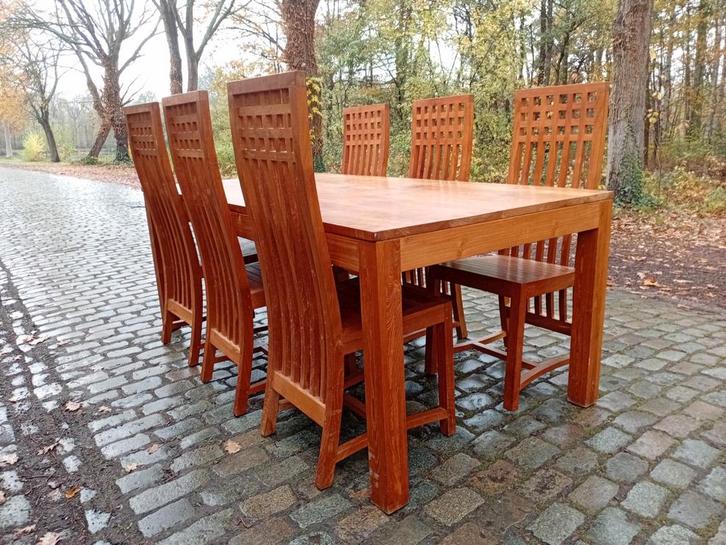 Eetkamertafel + 6 stoelen.   Teakhout, Huis en Inrichting, Complete eetkamers, Ophalen