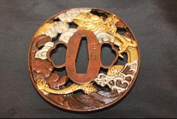 Japanse koperen tsuba Wolk/draken thema, Envoi, Autres, Épée ou sabre