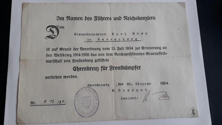 Certificaat  Karl Hörz en 'Hindenburg' medaille, Verzamelen, Militaria | Algemeen, Landmacht, Ophalen of Verzenden