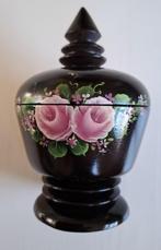 Vintage zwart houten potje met deksel met roze rozen, Ophalen of Verzenden