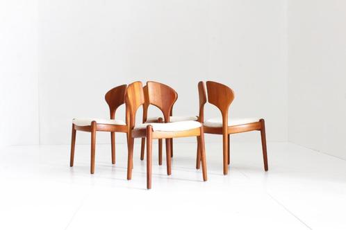 Vintage Danish Dining Chairs by Schou Andersens Mobelfabrik,, Maison & Meubles, Chaises, Comme neuf, Quatre, Bois, Tissus, Blanc