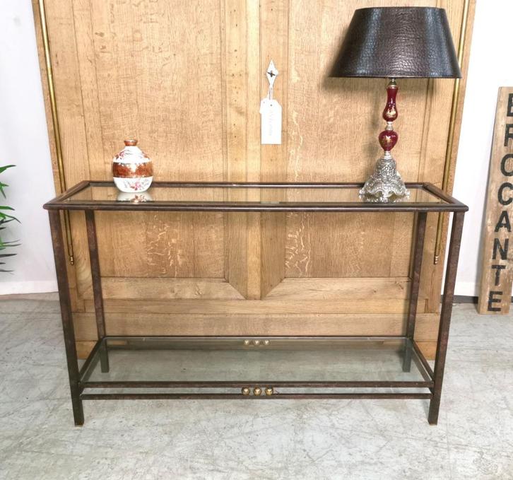 Lange vol ijzeren muur-tafel met glas L 123 D 38 H 77cm, Huis en Inrichting, Tafels | Kaptafels, Gebruikt, Minder dan 100 cm, 100 tot 150 cm