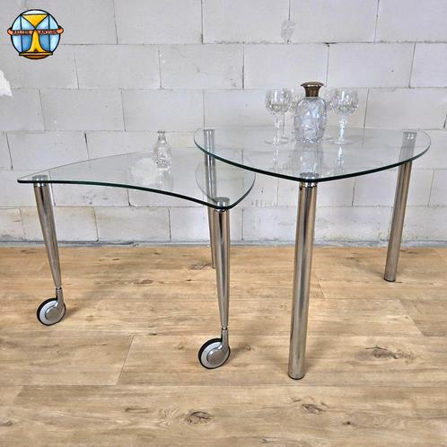 Unieke retro chromen glazen aanpasbare salontafel 2 bladen, Huis en Inrichting, Tafels | Bijzettafels, Zo goed als nieuw, Overige vormen