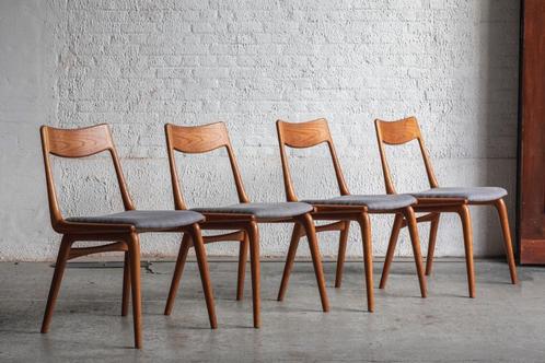 4 chaises de salle à manger 'boomerang' d'Alfred Christensen, Maison & Meubles, Chaises, Utilisé, Quatre, Bois, Tissus, Gris, Enlèvement