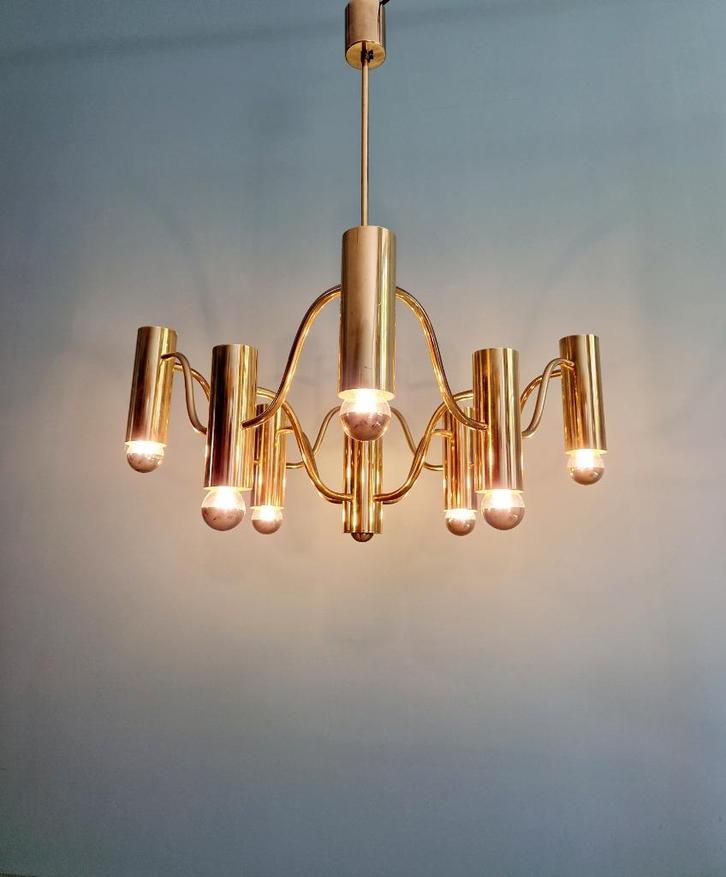 Koperen kroonluchter, ontwerp G. Sciolari, jaren 70, Antiek en Kunst, Antiek | Verlichting, Ophalen