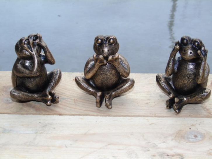 bronzen gepatineerde gietijzeren kikker (3 stuks)., Tuin en Terras, Tuinwanddecoratie, Nieuw, Ophalen
