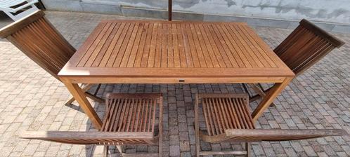Bristol Table + 4 nieuwe teakhouten stoelen., Tuin en Terras, Tuinstoelen, Zo goed als nieuw, Hout, Ophalen