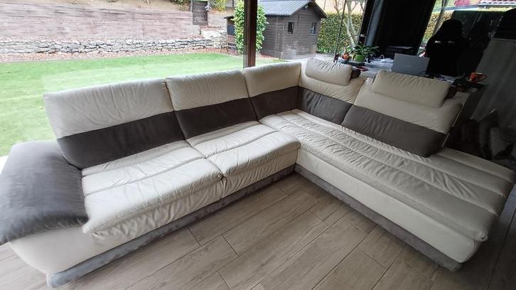 Hoeklounge van leer en nubuck van Château d'Ax, Huis en Inrichting, Zetels | Complete zithoeken, Gebruikt, Leer, Stof, Ophalen