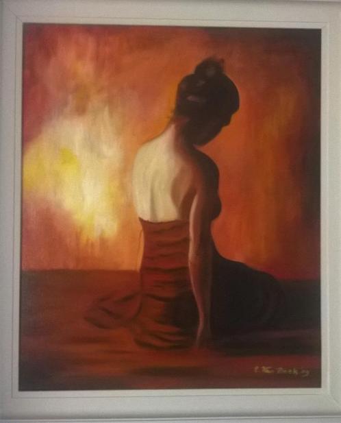 Schilderij: "Dreaming Woman". 60/50 cm., Antiquités & Art, Art | Peinture | Classique, Enlèvement ou Envoi