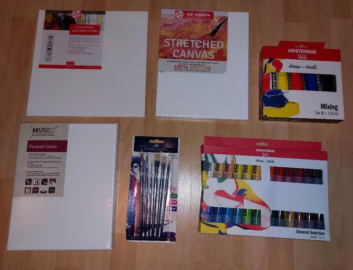 Schilderspakket (acrylverf, penselen, canvassen), Hobby & Loisirs créatifs, Peinture, Neuf, Peinture acrylique, Enlèvement ou Envoi