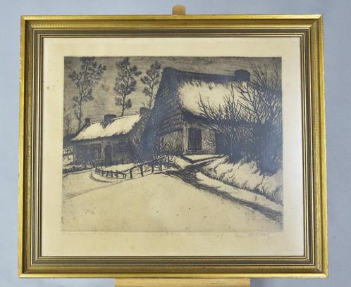 Vieilles chaumières sous la neige  litho R Van de Sande, Antiquités & Art, Art | Eaux-fortes & Gravures, Enlèvement