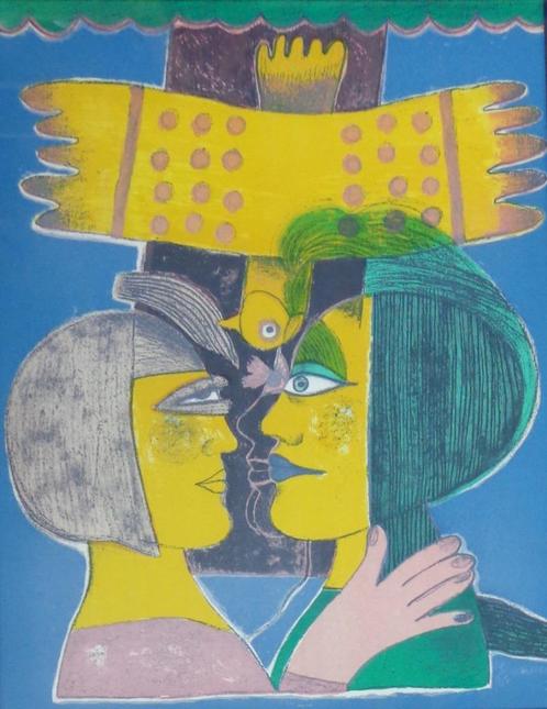 CORNEILLE / KOPPEL MET VOGEL / KLEURLITHO /, Antiek en Kunst, Kunst | Litho's en Zeefdrukken, Ophalen