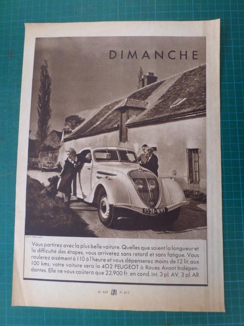 Peugeot 402 - publicité papier - 1936, Verzamelen, Merken en Reclamevoorwerpen, Gebruikt, Overige typen, Ophalen of Verzenden