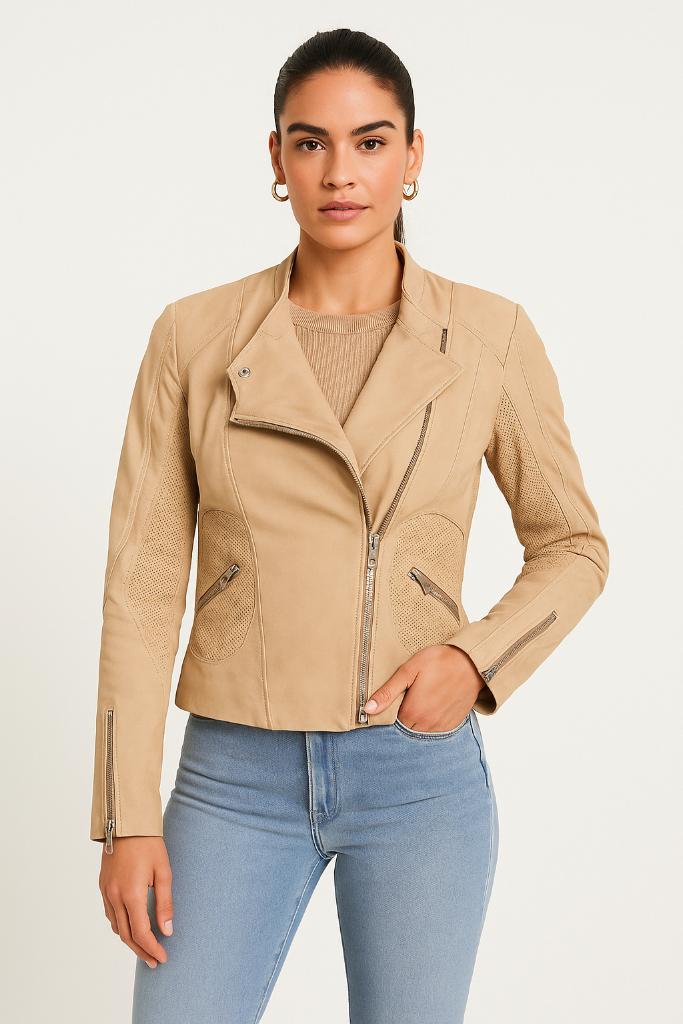 Oakwood leren jas maat S, Kleding | Dames, Jassen | Winter, Gedragen, Maat 36 (S), Beige, Ophalen of Verzenden