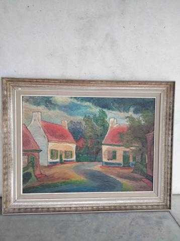 1950s olieverf schilderij dorp kunst post impressionisme beschikbaar voor biedingen