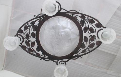 spectaculaire smeedijzeren art deco luster geperst glas, Antiek en Kunst, Antiek | Verlichting, Ophalen