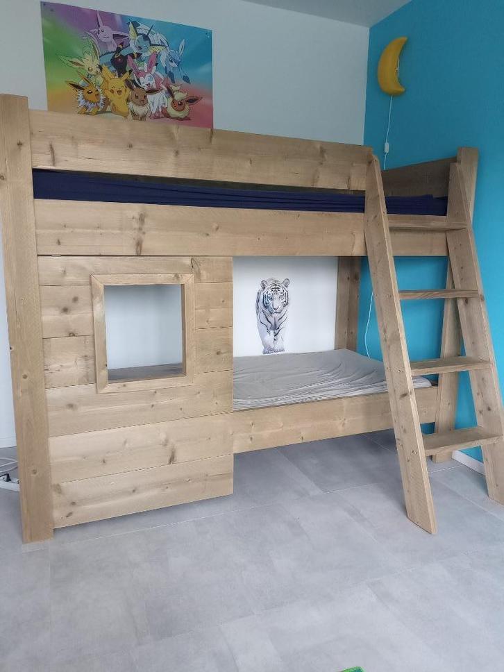 Stapelbed in steigerhout, Huis en Inrichting, Slaapkamer | Stapelbedden en Hoogslapers, Gebruikt, Stapelbed, 160 cm, 210 cm, Eenpersoons