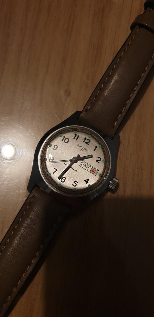 Prachtige Ancre polshorloge voor heren opwindbaar, Overige merken, Leer, Staal, Verzenden