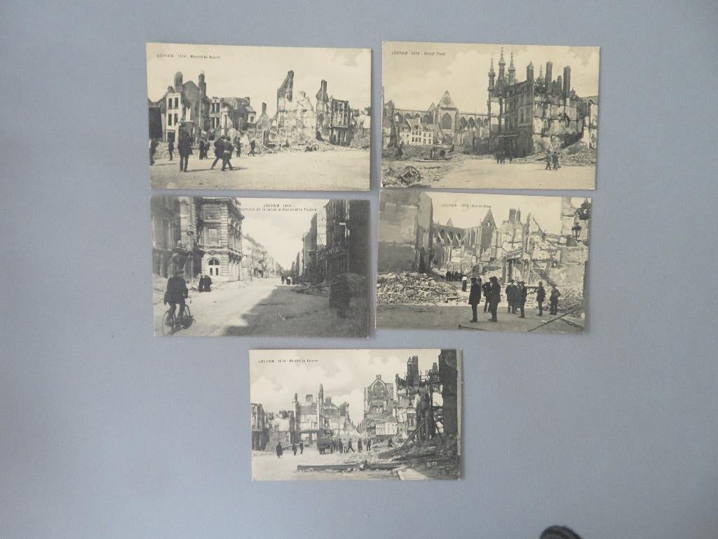 1914 WO1 5 postkaarten A.C. Bombardementen Leuven, Collections, Objets militaires | Général, Enlèvement ou Envoi, Autres, Photo ou Poster
