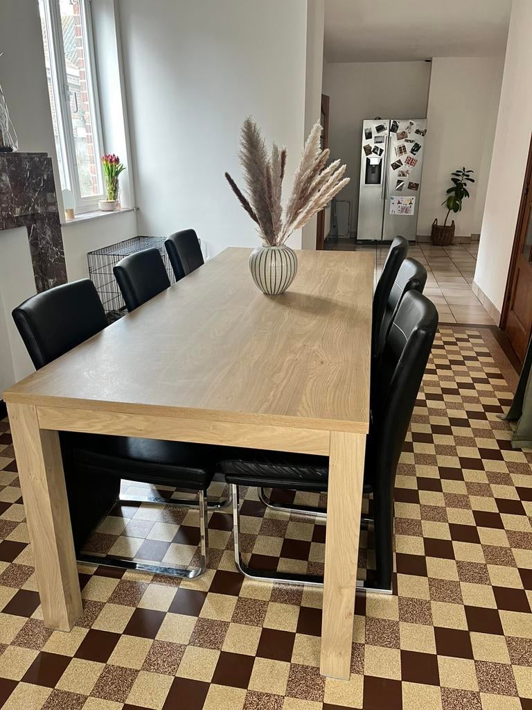 Eettafel met 6 lederen stoelen, Huis en Inrichting, Tafels | Eettafels, Ophalen, Gebruikt, 200 cm of meer, 50 tot 100 cm